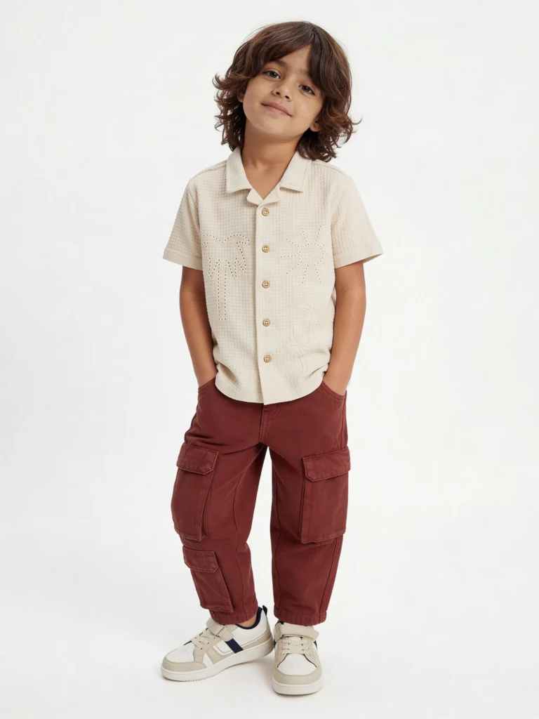 HOP Kids Boys Off-White Waffle-Textured Cotton Shirt