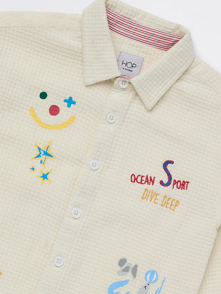 HOP Kids Boys Off-White Waffle-Textured Cotton Shirt - Image 3