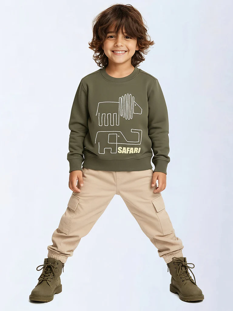 HOP Kids Boys Olive Embroidered Cotton-Blend Sweatshirt