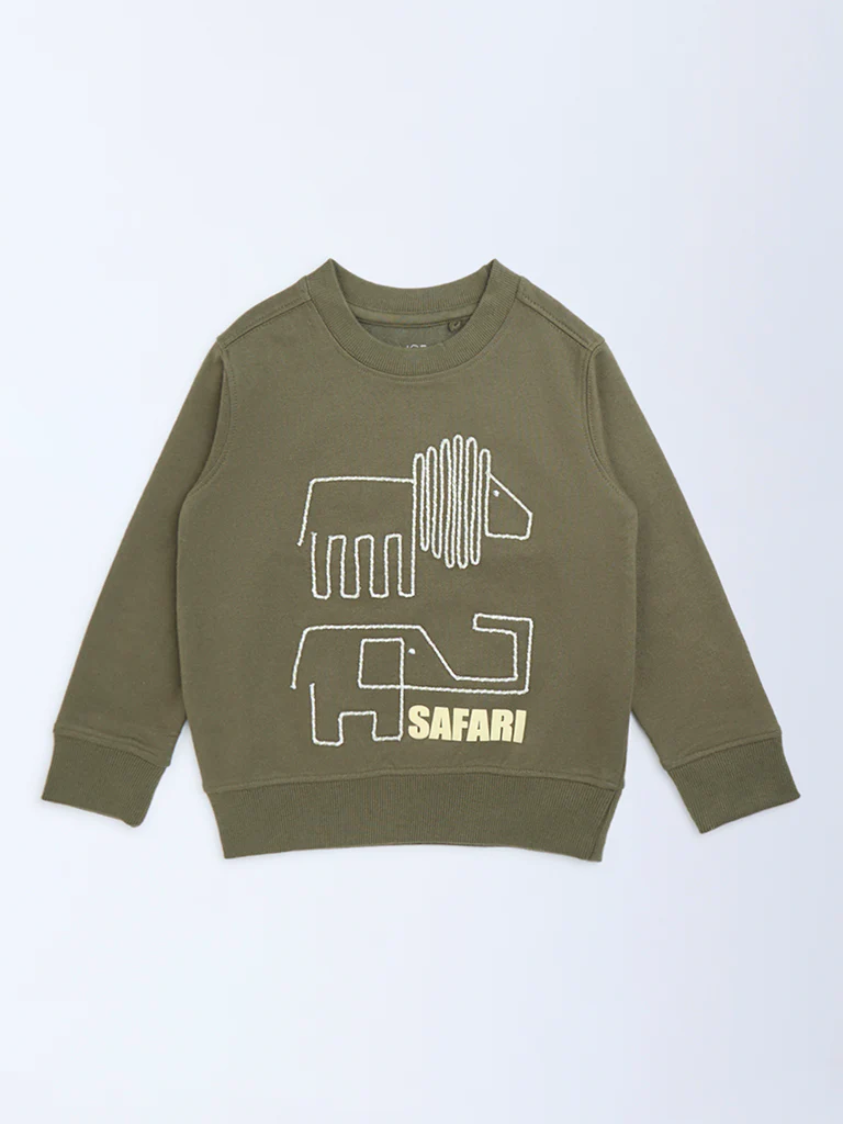 HOP Kids Boys Olive Embroidered Cotton-Blend Sweatshirt - Image 3