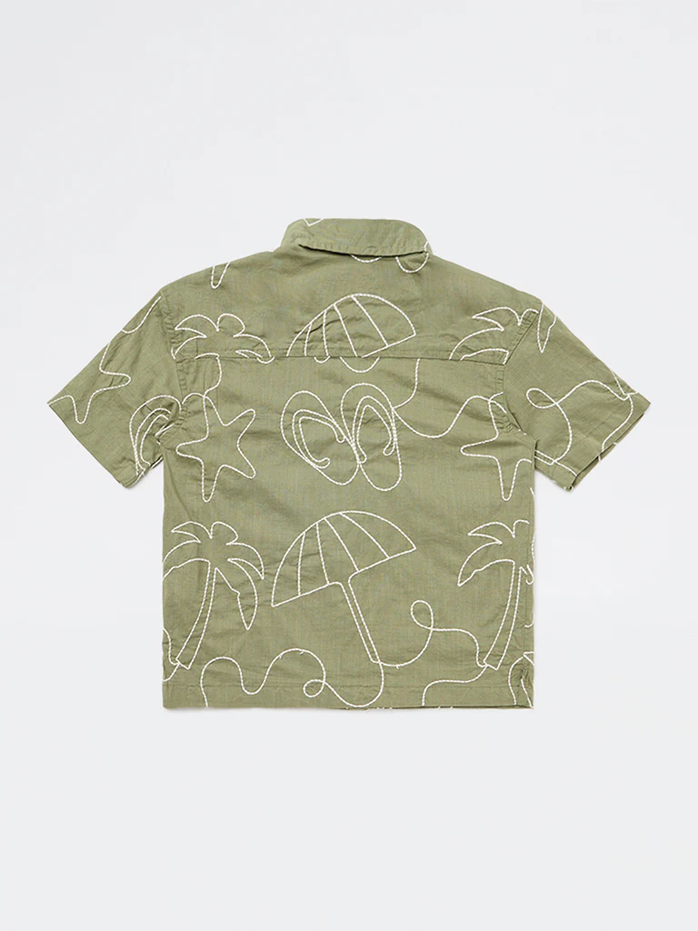 HOP Kids Boys Olive Embroidered Cotton Shirt - Image 4