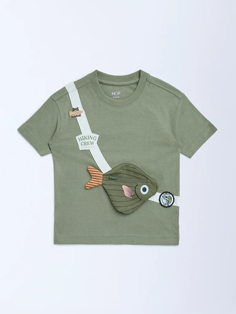 HOP Kids Boys Olive Fish Detailed Cotton T-Shirt - Image 3