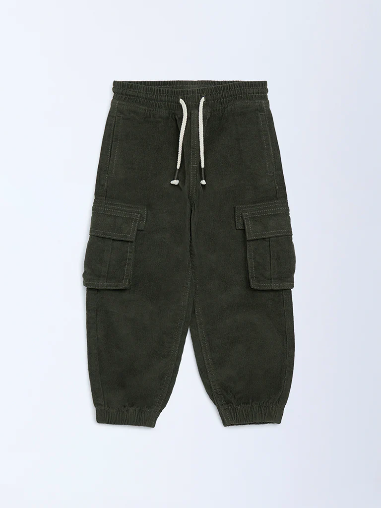 HOP Kids Boys Olive Mid-Rise Corduroy Joggers - Image 4