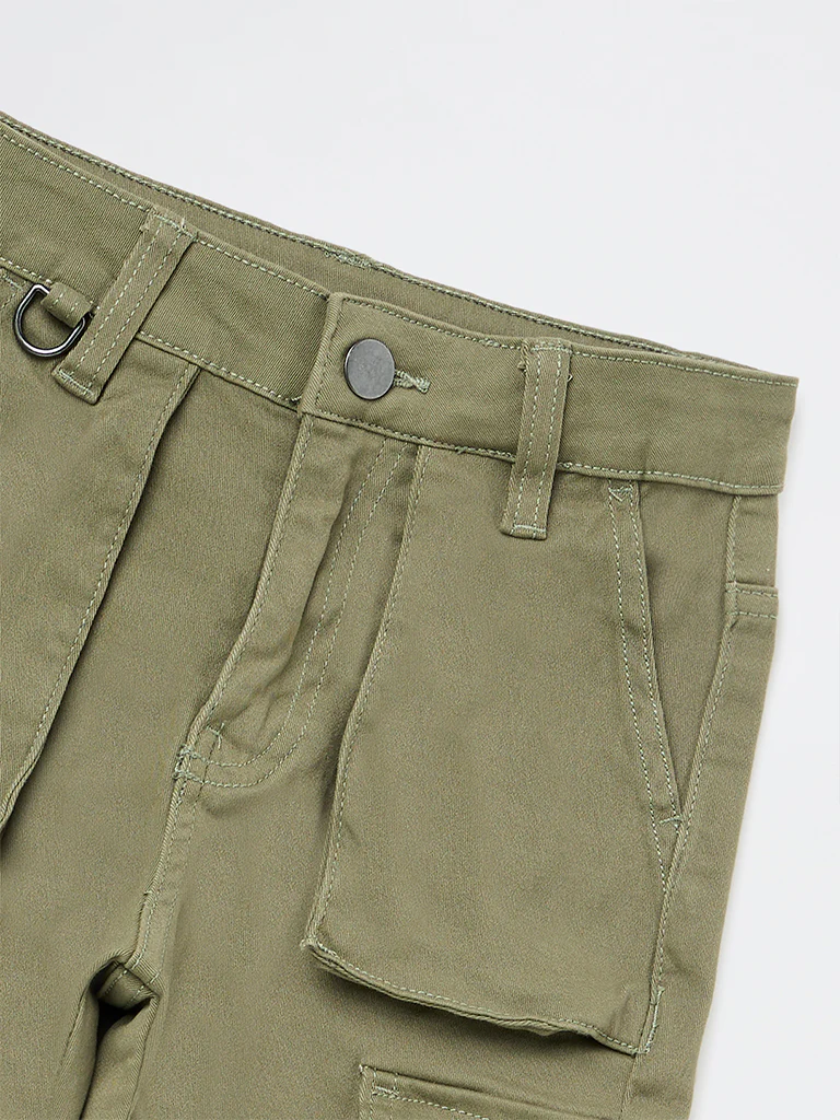 HOP Kids Boys Olive Mid-Rise Cotton-Blend Cargo Joggers - Image 6