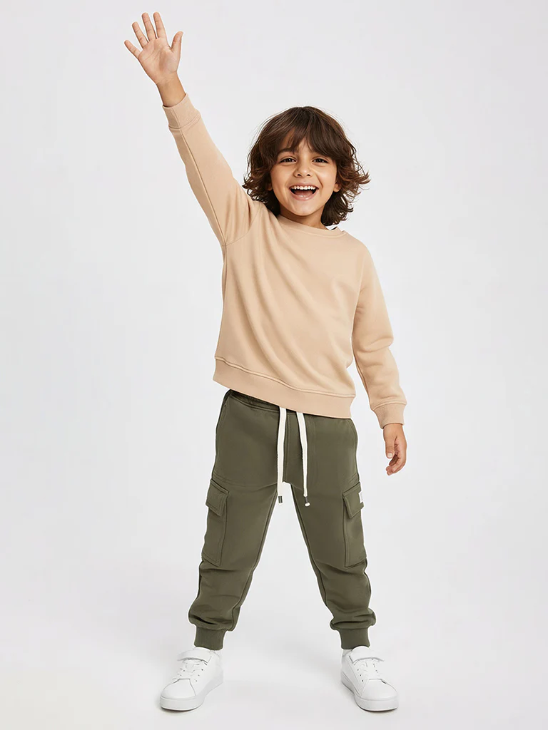 HOP Kids Boys Olive Mid-Rise Cotton-Blend Joggers