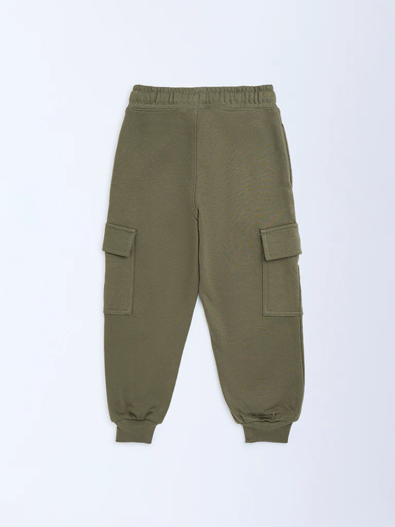 HOP Kids Boys Olive Mid-Rise Cotton-Blend Joggers - Image 5