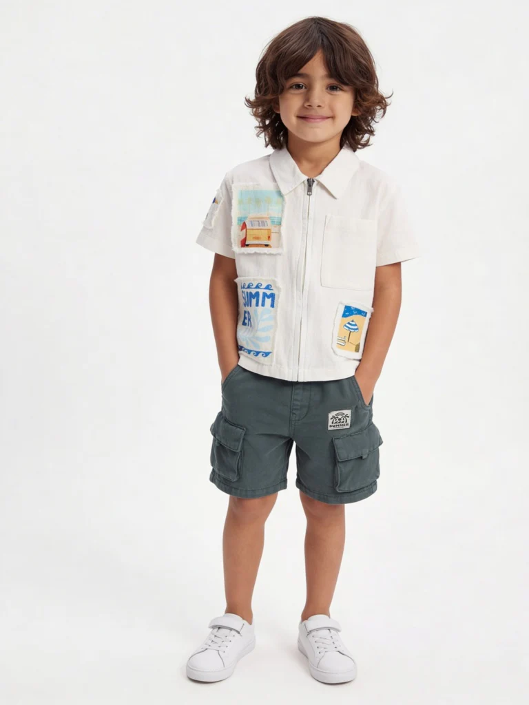 HOP Kids Boys Olive Mid-Rise Cotton Cargo Shorts