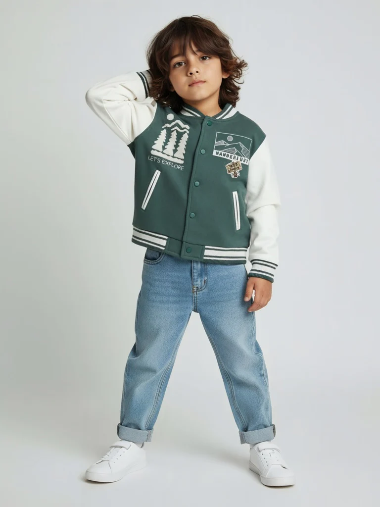 HOP Kids Boys Olive Printed Cotton-Blend Varsity Jacket