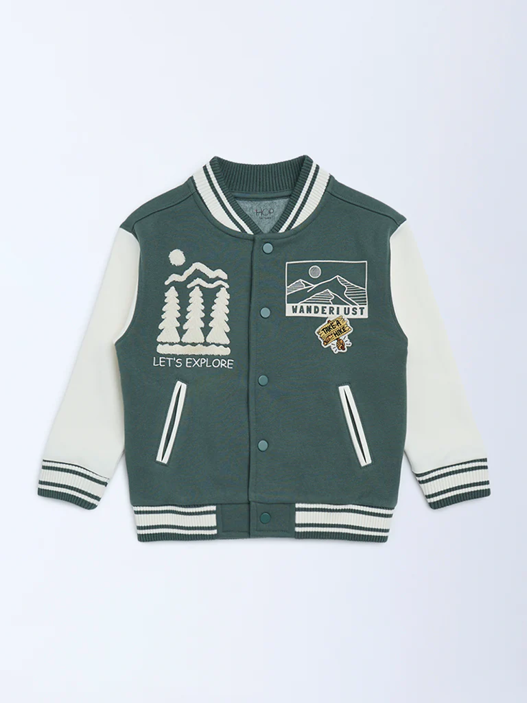 HOP Kids Boys Olive Printed Cotton-Blend Varsity Jacket - Image 3