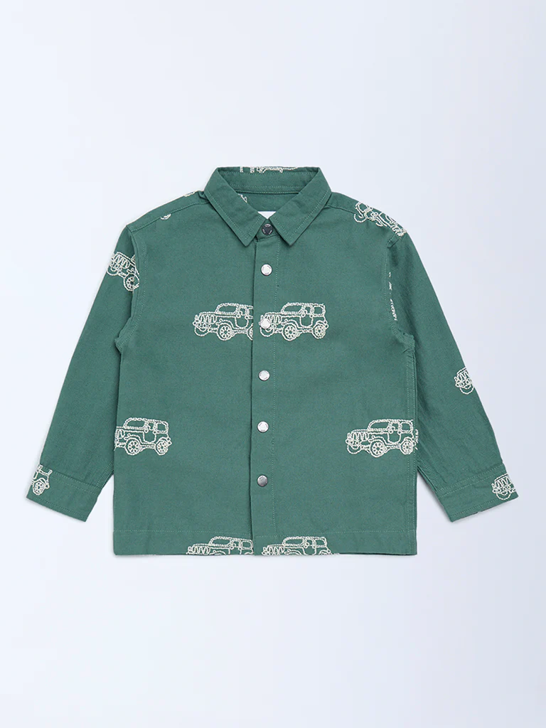HOP Kids Boys Olive Printed Cotton Shirt - Image 3