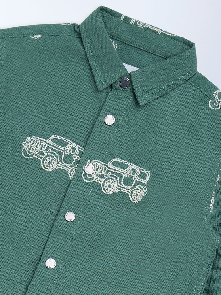HOP Kids Boys Olive Printed Cotton Shirt - Image 5