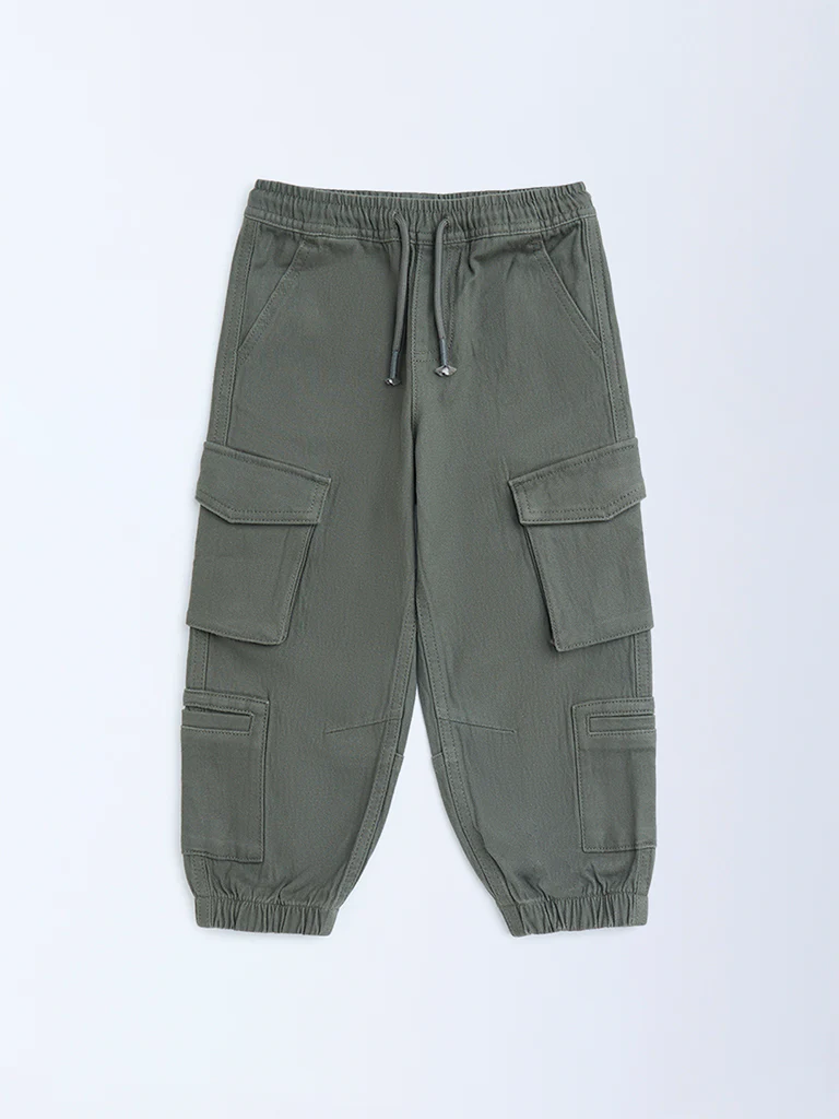 HOP Kids Boys Olive Solid Mid-Rise Cotton-Blend Joggers - Image 3