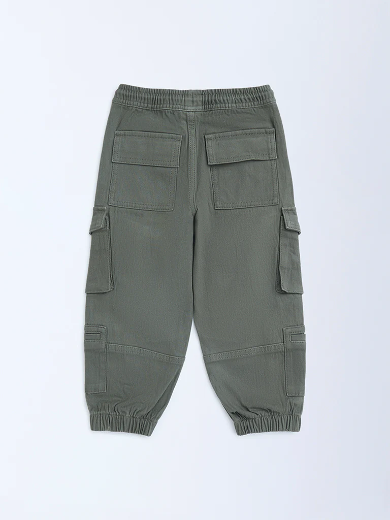 HOP Kids Boys Olive Solid Mid-Rise Cotton-Blend Joggers - Image 4