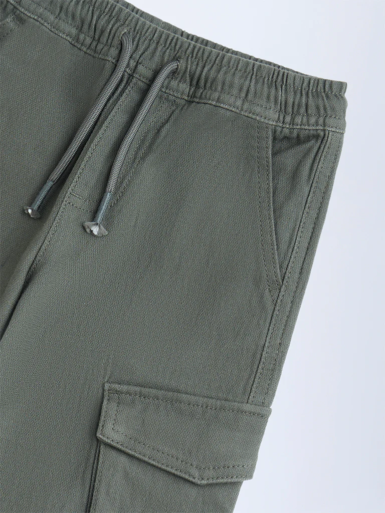 HOP Kids Boys Olive Solid Mid-Rise Cotton-Blend Joggers - Image 5