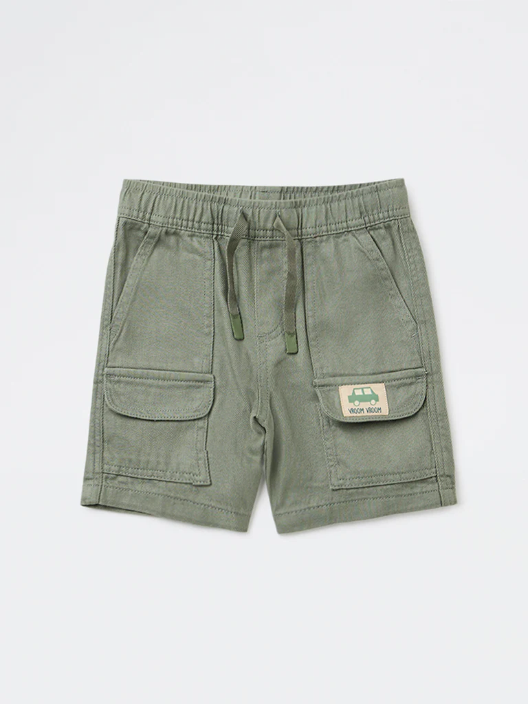 HOP Kids Boys Olive Solid Mid-Rise Cotton-Blend Shorts - Image 4