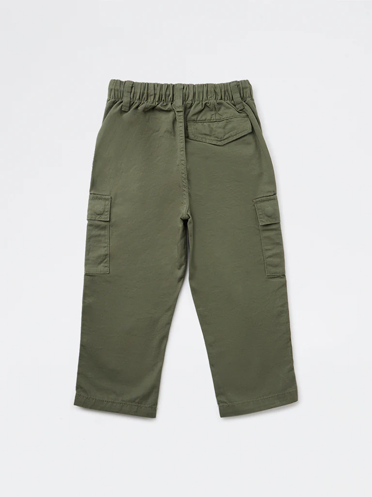 HOP Kids Boys Olive Solid Relaxed-Fit Cotton Cargo Pants - Image 5