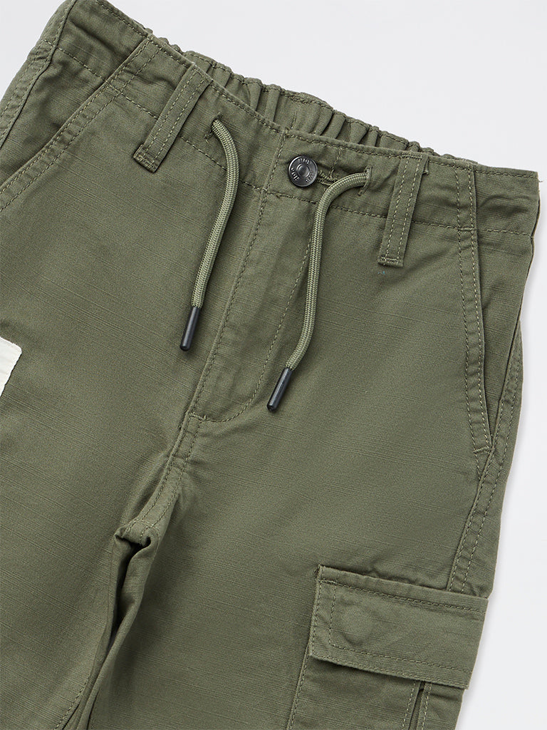 HOP Kids Boys Olive Solid Relaxed-Fit Cotton Cargo Pants - Image 6