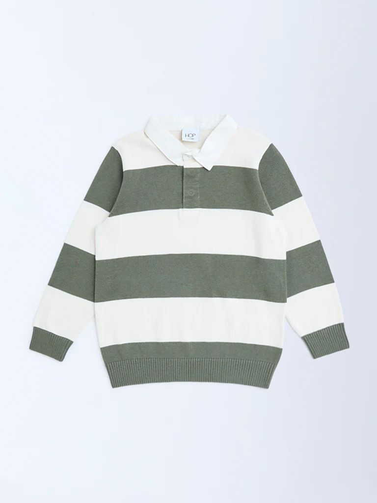 HOP Kids Boys Olive Striped Cotton Polo Sweater - Image 3