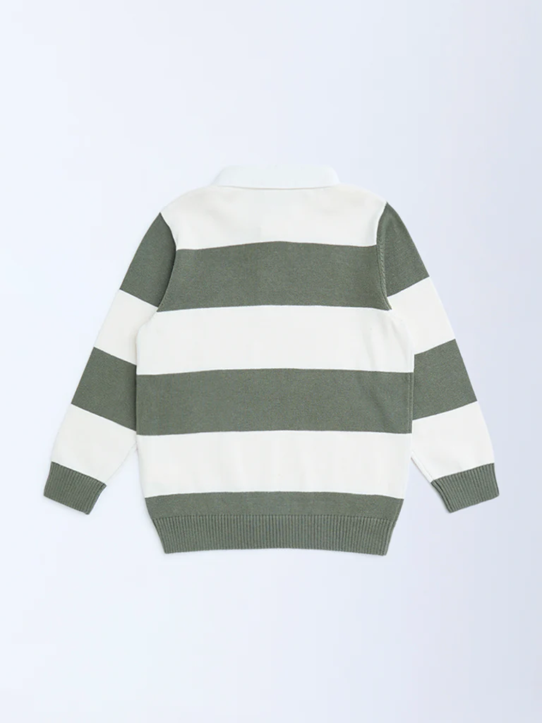 HOP Kids Boys Olive Striped Cotton Polo Sweater - Image 4