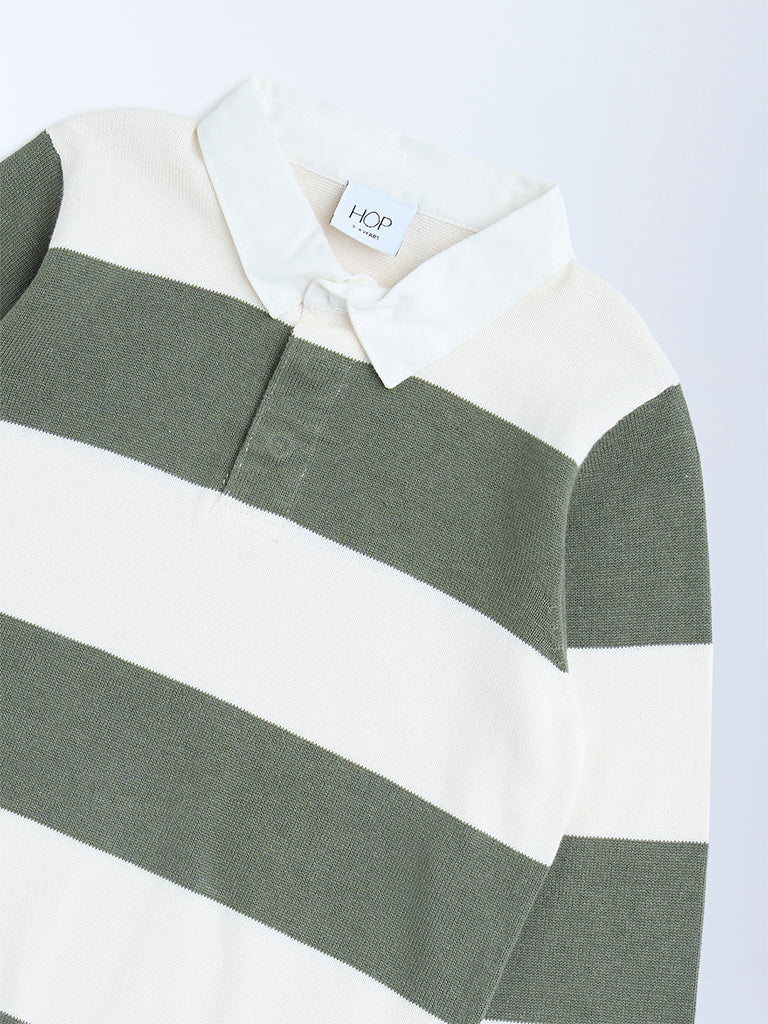HOP Kids Boys Olive Striped Cotton Polo Sweater - Image 5