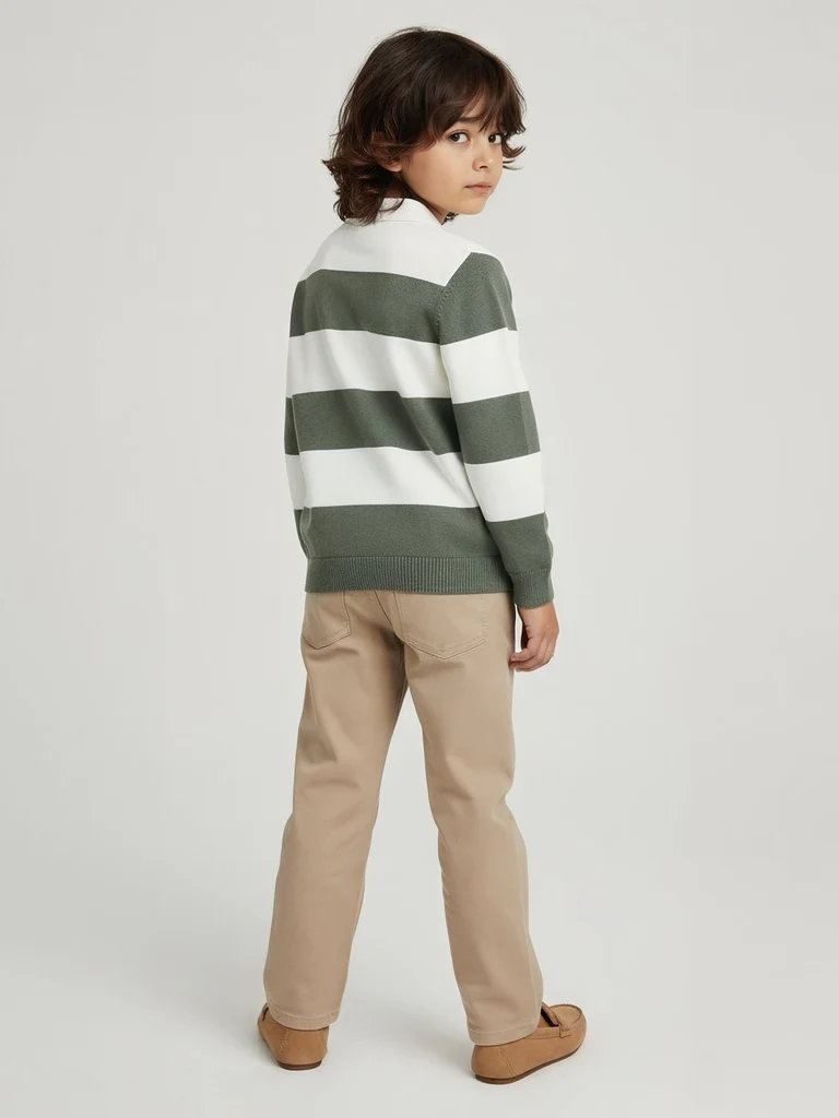 HOP Kids Boys Olive Striped Cotton Polo Sweater - Image 6