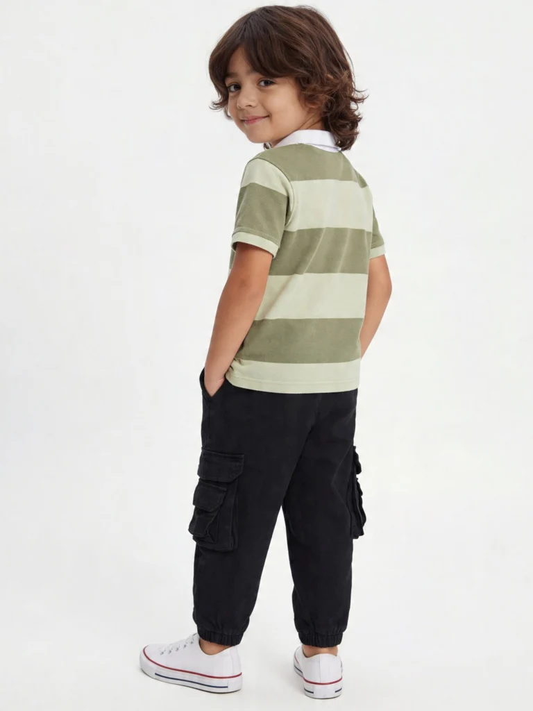 HOP Kids Boys Olive Striped Cotton Polo T-Shirt - Image 3