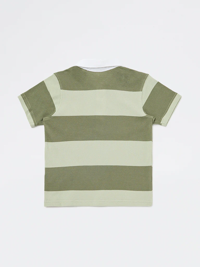 HOP Kids Boys Olive Striped Cotton Polo T-Shirt - Image 5
