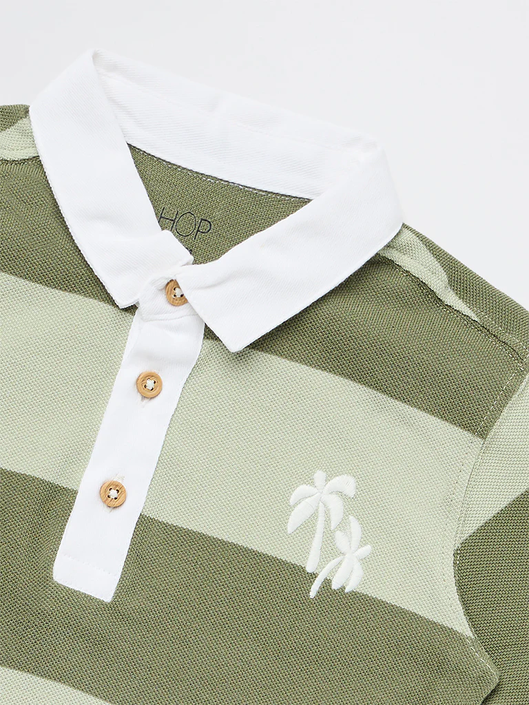 HOP Kids Boys Olive Striped Cotton Polo T-Shirt - Image 6