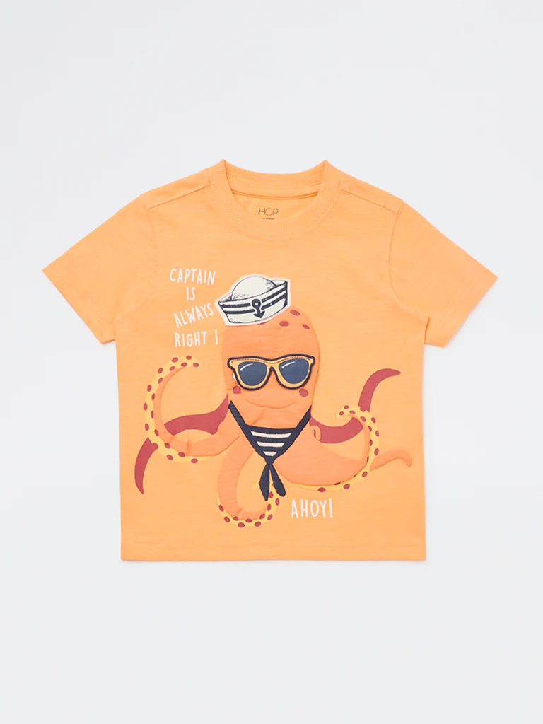 HOP Kids Boys Orange Animal Pattern Cotton T-Shirt - Image 4