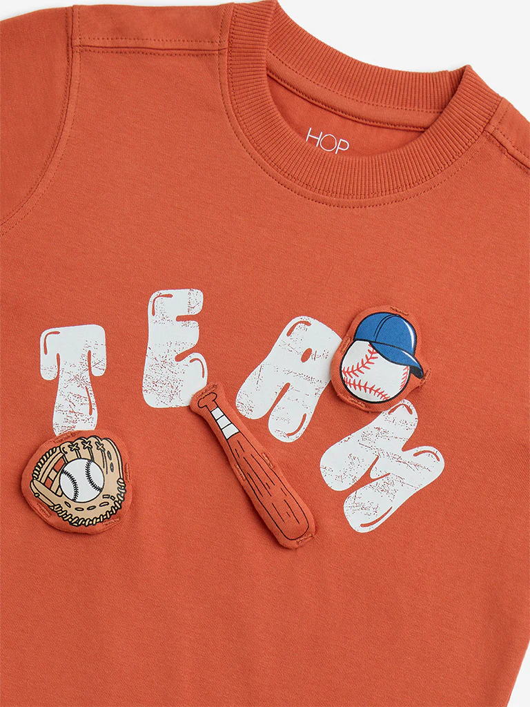 HOP Kids Boys Orange Baseball-Themed Cotton T-Shirt - Image 5