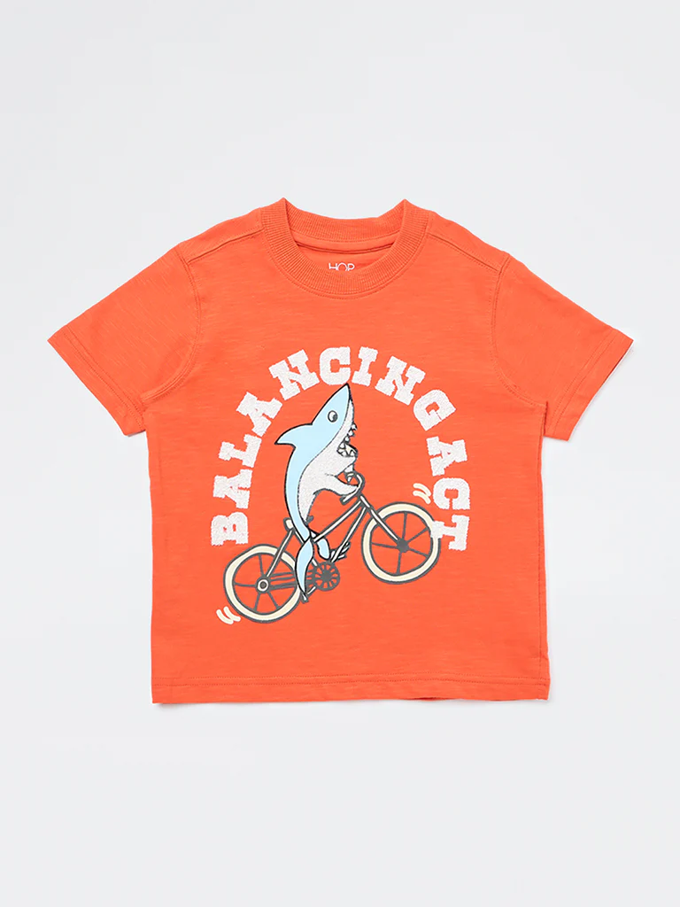 HOP Kids Boys Orange Graphic Printed Cotton T-Shirt - Image 4