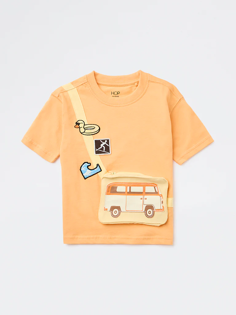 HOP Kids Boys Orange Pouch-Detailed Cotton T-Shirt - Image 3