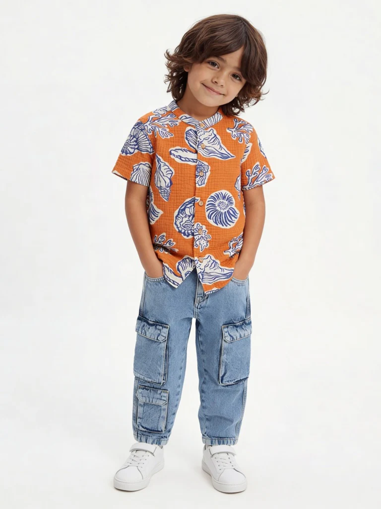 HOP Kids Boys Orange Printed Cotton Shirt