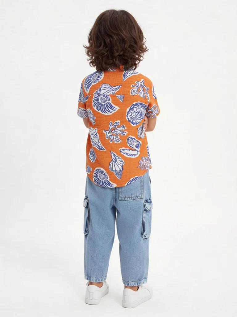 HOP Kids Boys Orange Printed Cotton Shirt - Image 3