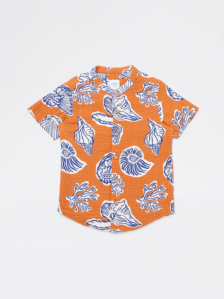 HOP Kids Boys Orange Printed Cotton Shirt - Image 4