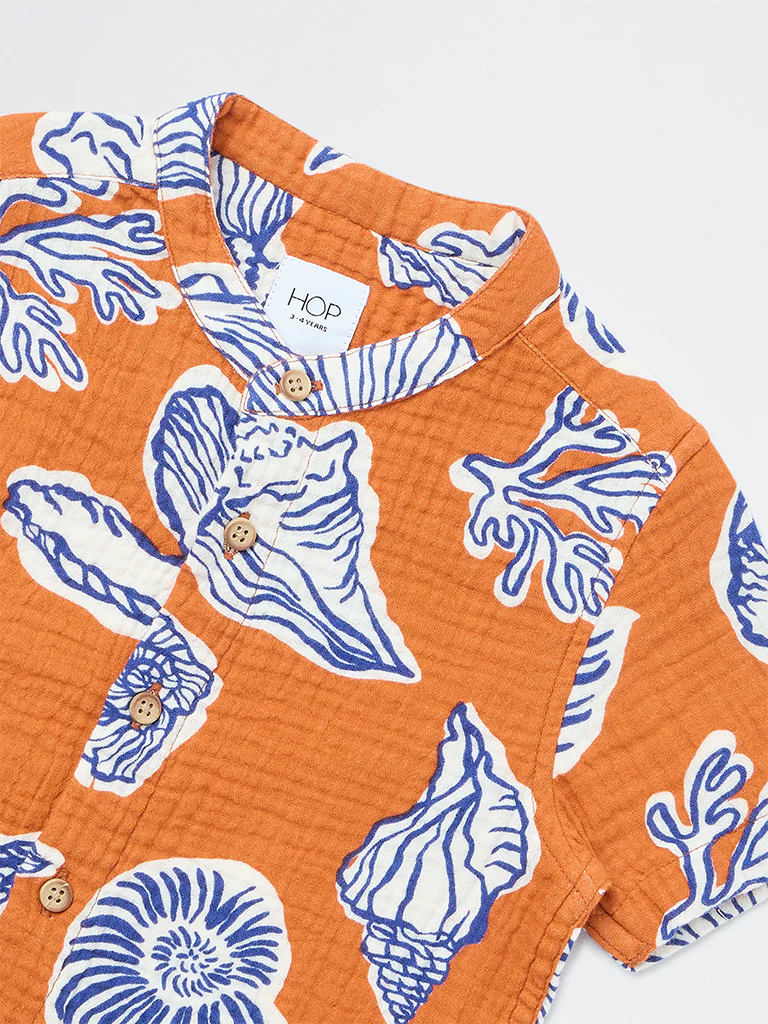 HOP Kids Boys Orange Printed Cotton Shirt - Image 6