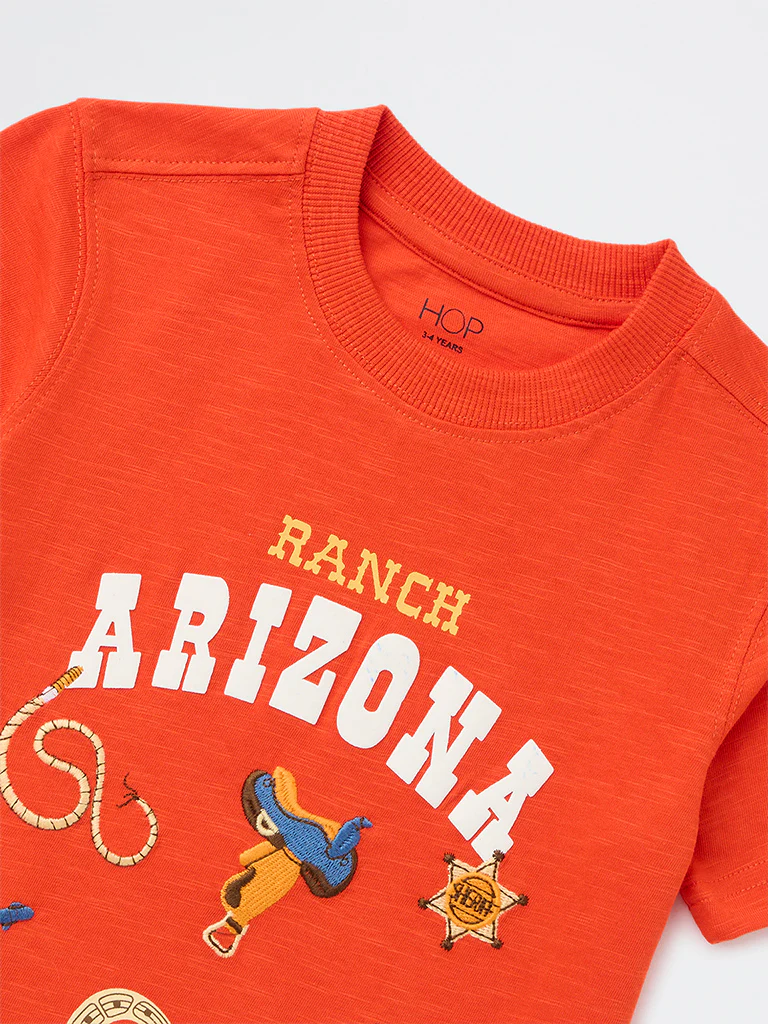HOP Kids Boys Orange Printed Cotton T-Shirt - Image 5
