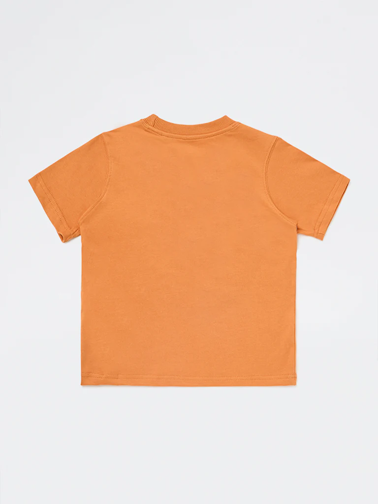 HOP Kids Boys Orange Printed Cotton T-Shirt - Image 4