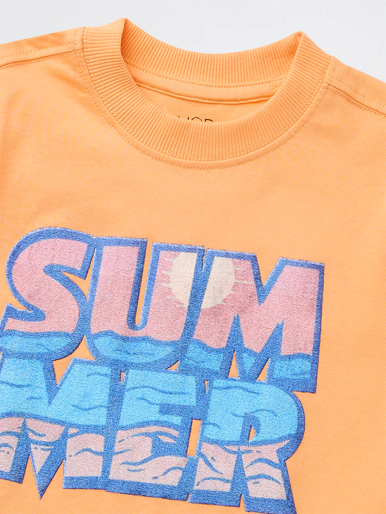 HOP Kids Boys Orange Text-Printed Cotton T-Shirt - Image 5