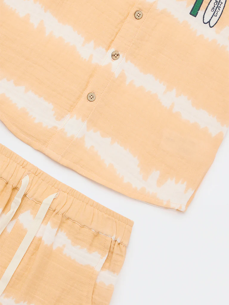 HOP Kids Boys Orange Tie-Dye Design Cotton Shirt and Shorts Set - Image 3