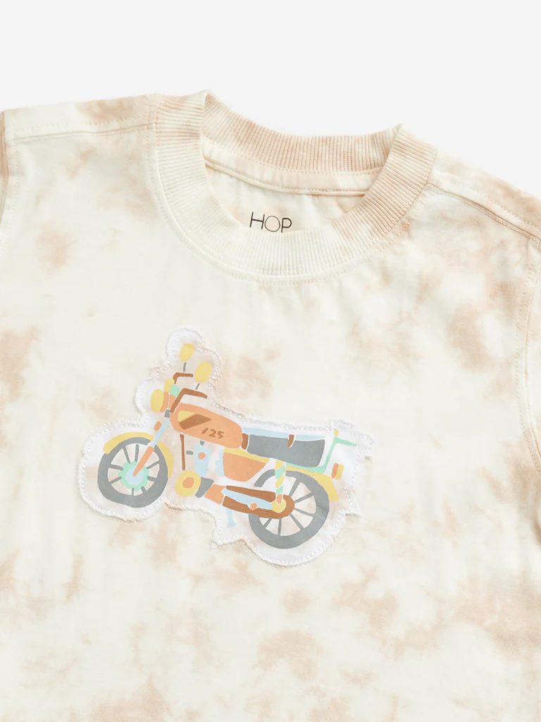 HOP Kids Boys Peach Tie-Dye Motorcycle Design Cotton T-Shirt - Image 3