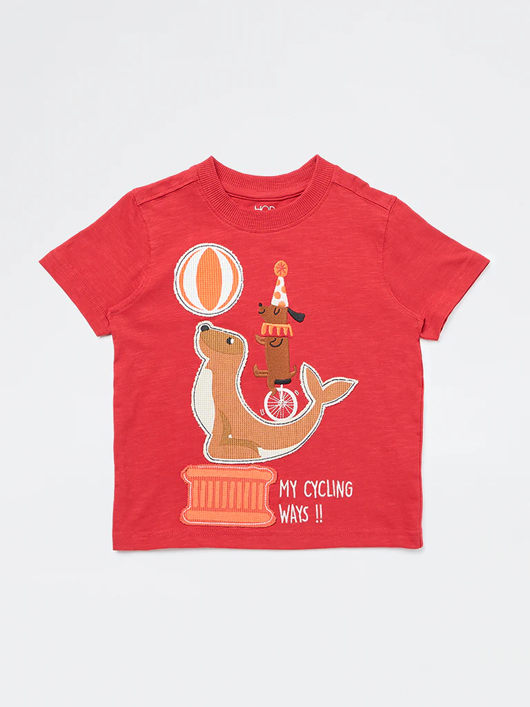 HOP Kids Boys Red Animal Embroidered Cotton T-Shirt - Image 4