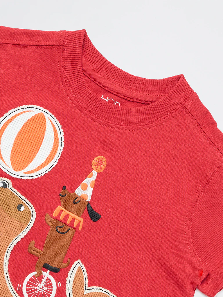 HOP Kids Boys Red Animal Embroidered Cotton T-Shirt - Image 6