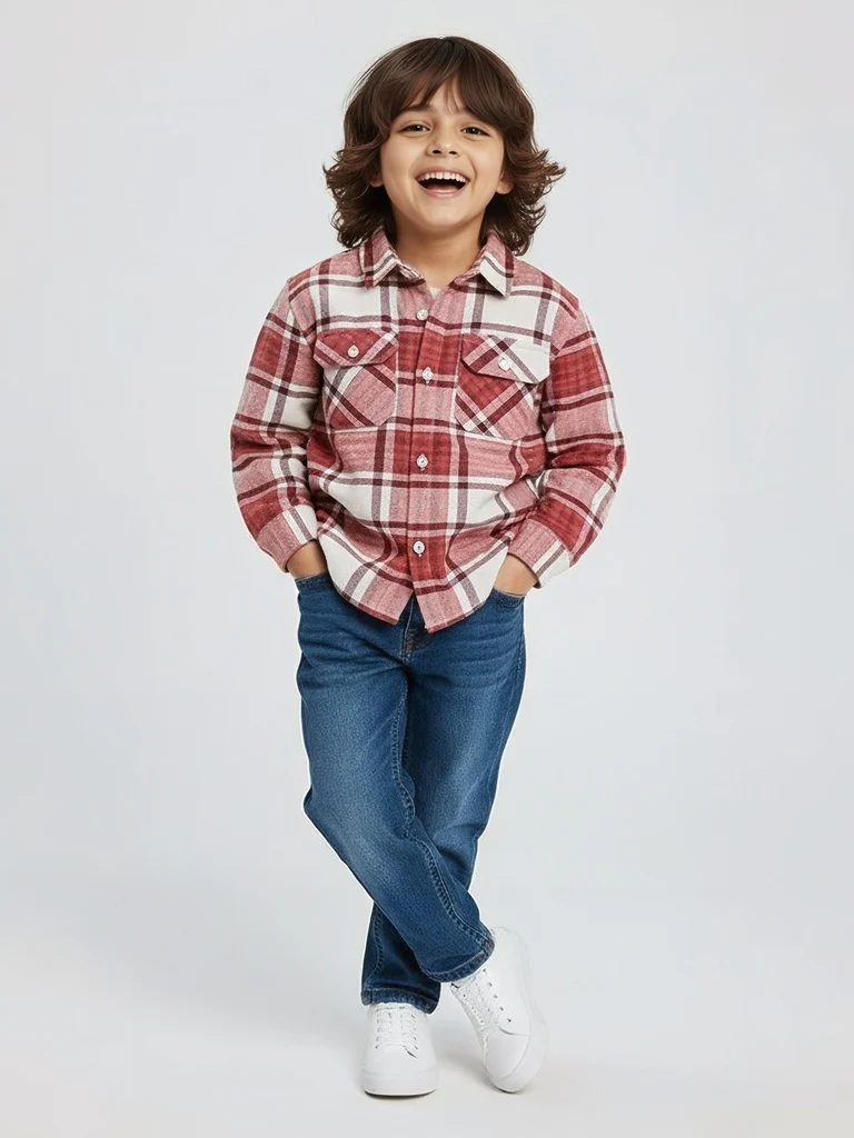 HOP Kids Boys Red Checkered Cotton Shirt