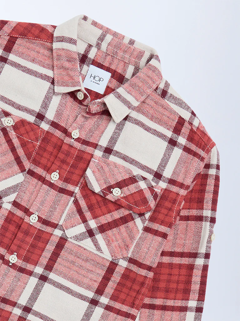 HOP Kids Boys Red Checkered Cotton Shirt - Image 5