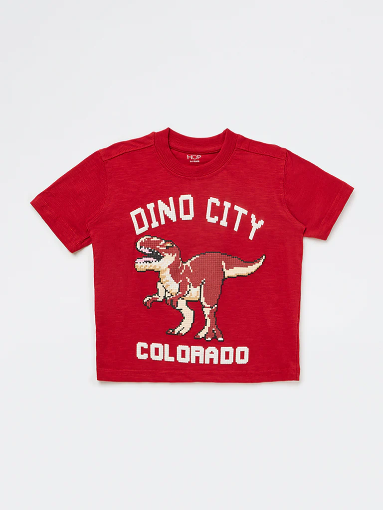 HOP Kids Boys Red Dinosaur Printed Cotton T-Shirt - Image 4