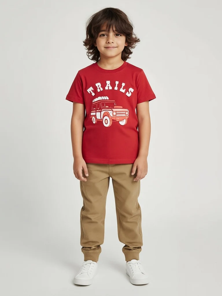 HOP Kids Boys Red Embossed Cotton T-Shirt