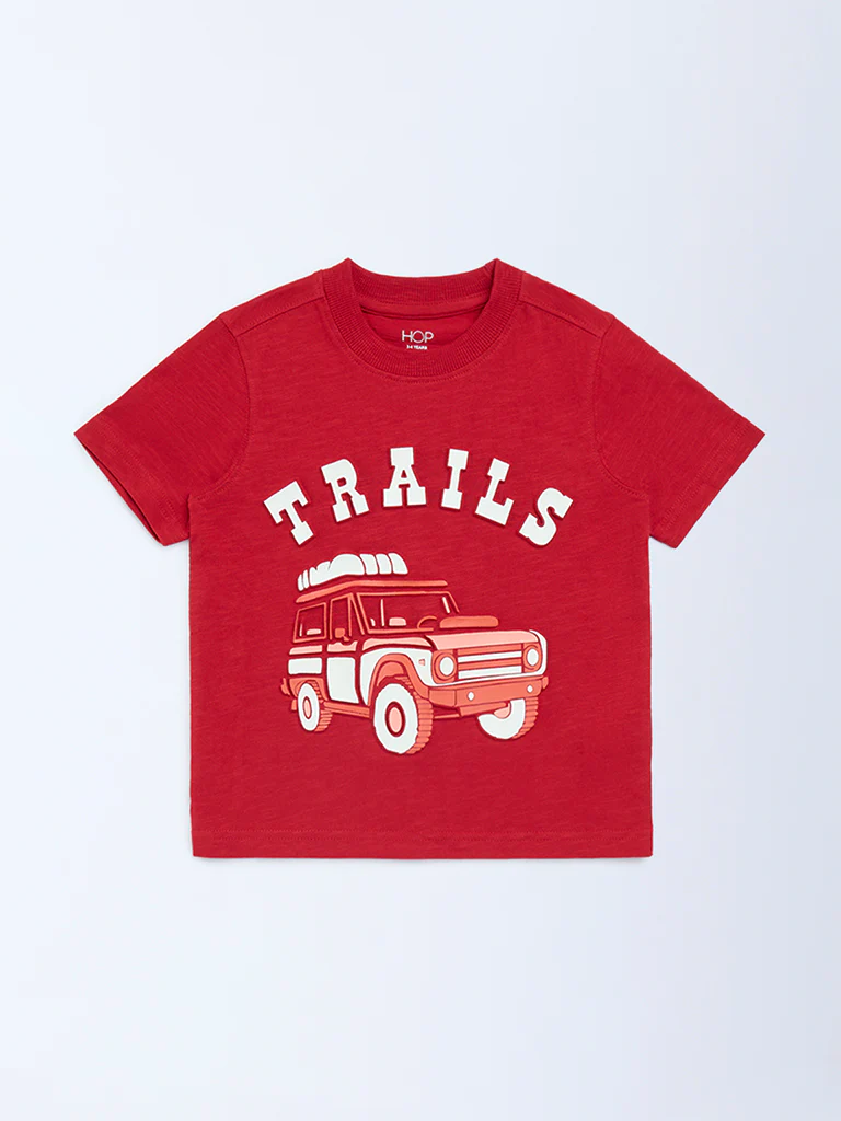 HOP Kids Boys Red Embossed Cotton T-Shirt - Image 3