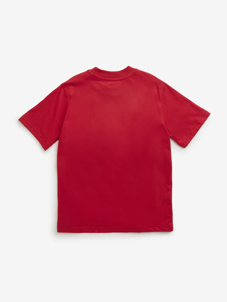 HOP Kids Boys Red Embossed Text Printed Cotton T-Shirt - Image 2