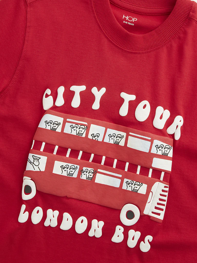 HOP Kids Boys Red Embossed Text Printed Cotton T-Shirt - Image 3